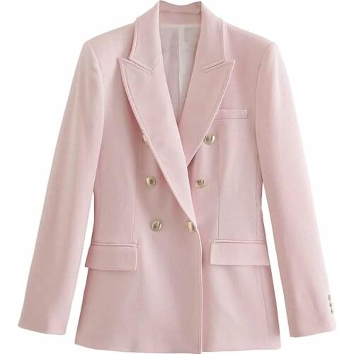 Women Solid pink ​Double Breasted Long Sleeve Turn-down Collar Slim Coat Female Office Lady Blazers Ladies Streetwear Coat