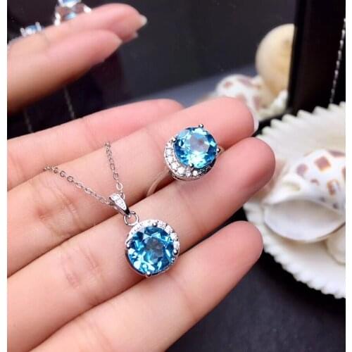 Natural blue topaz gem stone jewelry sets natural gemstone ring Pendant S925 silver Elegant round woman party gift fine jewelry