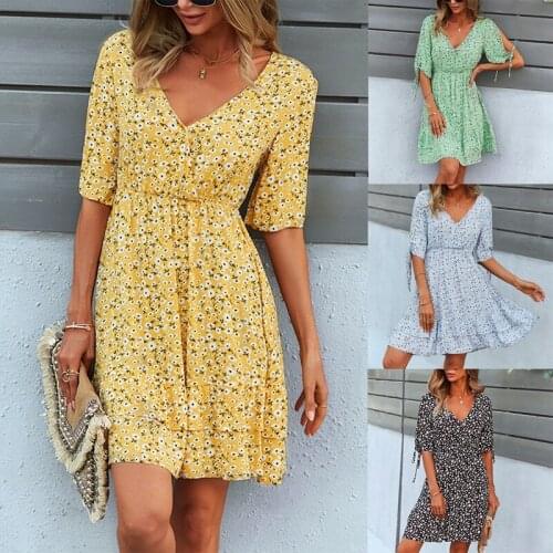 Womens Summer Tunic Dress V Neck Half Sleeves Floral Print Elegant Casual Flowy Mini Dress