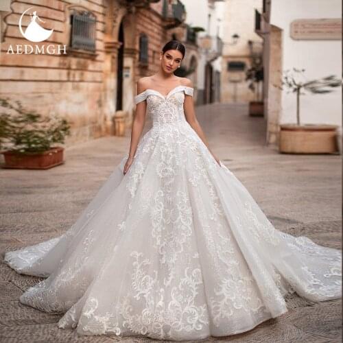 Aedmgh Ball Gown Wedding Dresses 2021 Sweetheart Off The Shoulder Chapel Train Robe De Mariage Lace Appliques Vestido De Novia