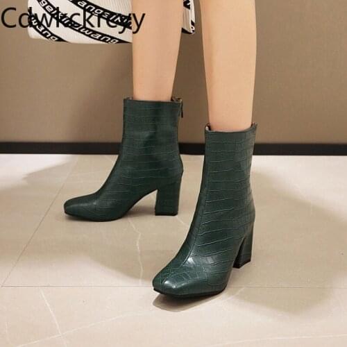 Winter The New fashion Square head Side zipper Martin boots black white Red wine green High heels Women boots plush size 34-48