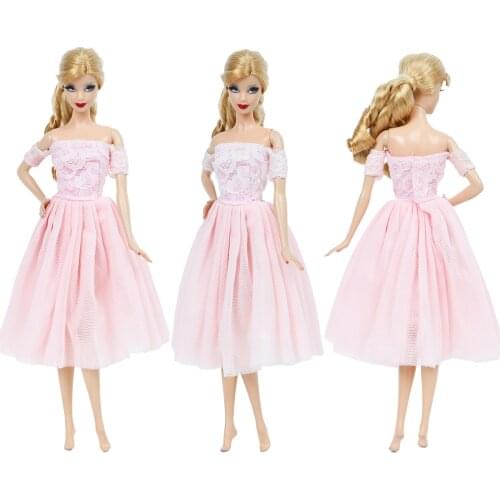 1x High Quality Wedding Pink Off-the-shoulder Lace Dress Party Ball Short Gown Clothes Accessories for Barbie Doll Girls Toys
