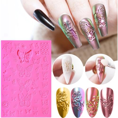 3D Relief Flower Stamping Plates for Nails Art Decoration 2021 Fashion Silicone Butterfly Nail Stencils Accessories for Manicure