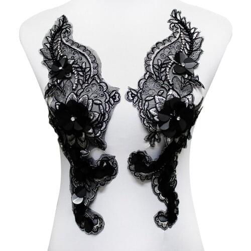 5pair Mirror Beaded Crystal Black Sliver Metallic Edge Flower Lace Embroidery Patches Applique Motifs for Wedding Dress T1794