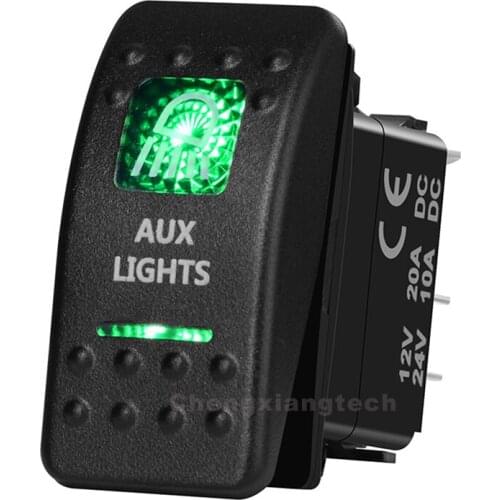 Aux Lights 5 Pin On Off Green Led Backlit Printed Rocker Switch for Car Boat Truck 12v 24v SPST Waterproof