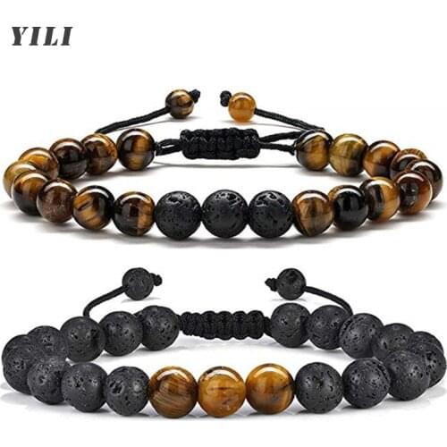 Tiger Eye Mens Bracelet Gifts 8mm Tiger Eye Lava Rock Stone Anxiety Bracelets Adjustable Essential Oil Diffuser Bracelet Men