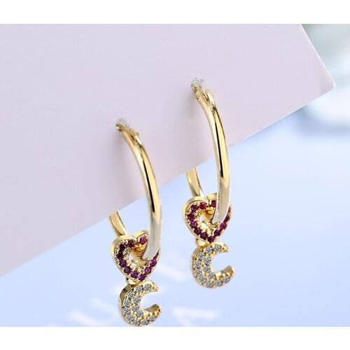 Cute Tiny Zirconia Hollow Pink Heart & Moon Pendant Hoop Earring Gold Color Loop Huggie Earrings Fashion Jewelry Gift for Women