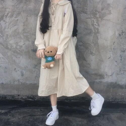 Japanese Sweet Preppy Long Sleeve Loose Fairy Dress Lovely Mori Girls Large-Size Peter Pan Collar Ankle Long Female Dress