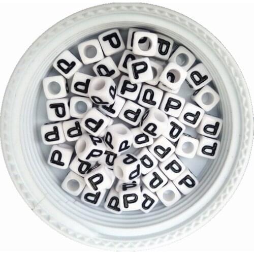 Mini order 100pcs 7*7mm single letter beads white with black printing Initial P printing plastic alphabet beads for knit jewelry