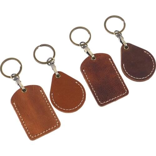 Fashion Vintage Leather Access Card Holder Keychain Rectangular Round Water Drop Community Cards Protective Case Key FobKeyring