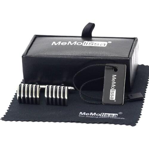 MeMolissa Display Box Cufflinks Classic Square Cufflinks Silvery Black Enamel Striped Mens Cufflinks Free Tag & Wipe Cloth