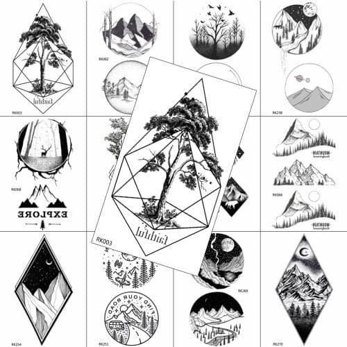 Natural Fake Temporary Tattoos Pine Tree Sticker For Men Women Child Waterproof Tattoo Paper Black Mountain Body Art Tatoos Arm