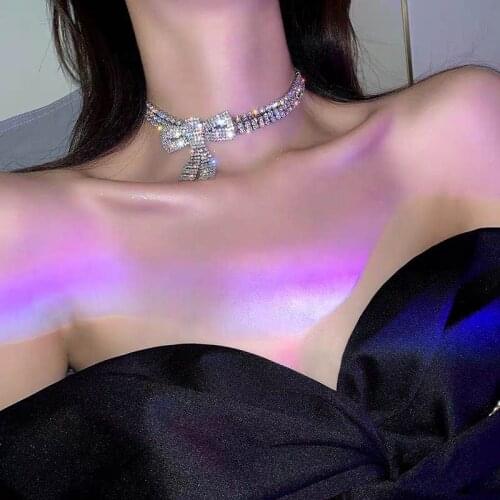 Fashion womens bowknot Rhinestone Necklace shiny crystal simple hot selling Necklace Bridal Wedding Jewelry birthday party gift