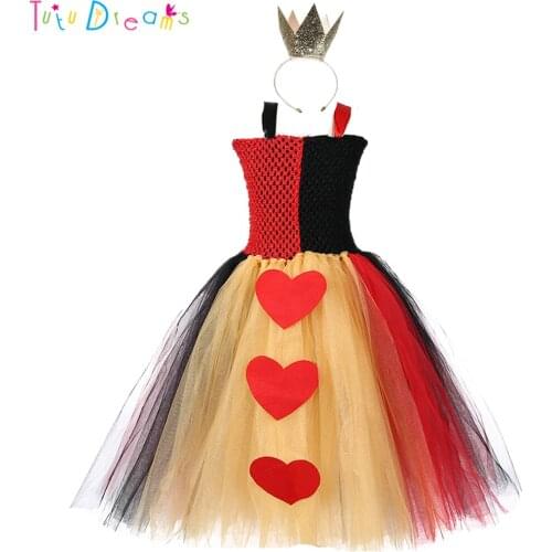Halloween Queen of Heart Tutu Dress with Crown Little Girls Alice in Wonderland Cosplay Costume Set For Christmas New Year Party