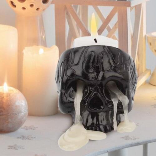 Novel Black Fire Pattern Skull Candle Holder Resin Candlestick Crafts Holder Sturdy Durable Candle Base Home Decoration Ornament