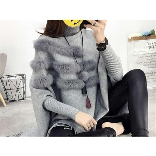 New Spring AutumnLoose Tassel Soft Shawl Poncho Women Gray Pullovers Sweaters Slash Neck Bat Long Sleeve Pullover Sweater Shawl