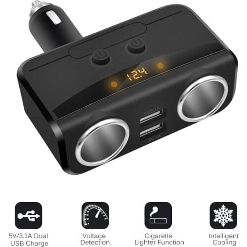 SANMIDO Universal 2 Ways Car Auto Cigarette Lighter Dual USB Charger socket power adapter LED display Splitter Charger 12V