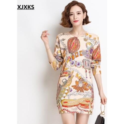 XJXKS Round neck long sleeve women long printed sweater 2021 spring autumn new loose plus size women wool pullover