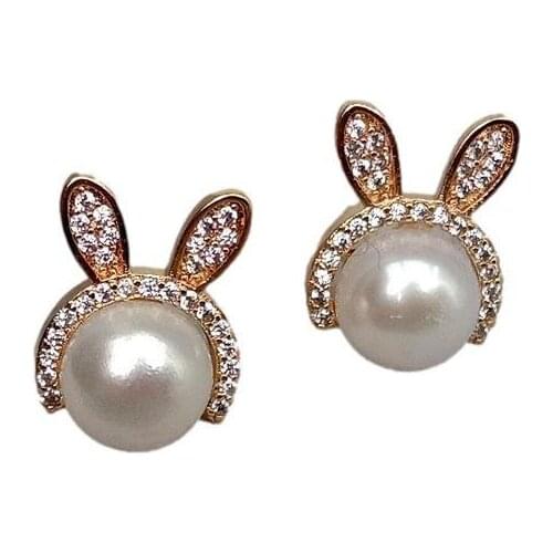 Y·YING Natural Freshwater Cultured White Pearl Rabbit Shape Cubic Zirconia Pave Stud Earrings