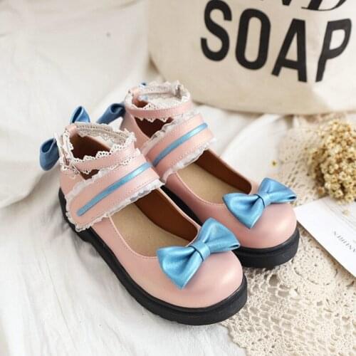 Japanese College Students Girls Round Toe Buckle Straps Bow Lolita Commuter Uniform Platform Heels PU Leather Pink Shoes 8775