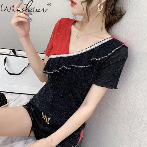 Summer European Style T-Shirt Fashion Shiny Diamonds Mesh Ruffles Women Tops Short Sleeve Patchwork All Match Tees 2021 T14423A