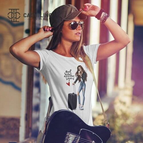 Hot new street style trend ladies casual short-sleeved O-neck cotton T-shirt suitcase girl print graphic tee female