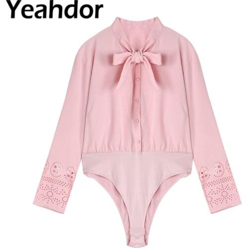 Plus Size Women Fashion Chiffon Patchwork Romper Shirt Leotard Tops Long Sleeve Stand Collar Tie Bowknot Button Down Bodysuit