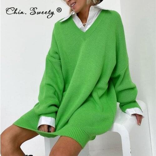 Green Knitted Womens Long Sleeve Sweaters 2021 Autumn V-neck Dropped Shoulder Loose Midi Pullovers Lady Fashion Office Knitwear