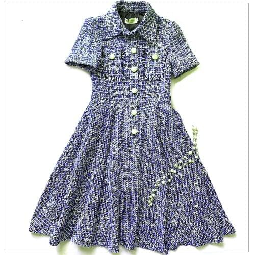 France Style womens elegant A-line Pockets 2021 Spring Autumn Women brand new high quality short sleeve tweed dress B920