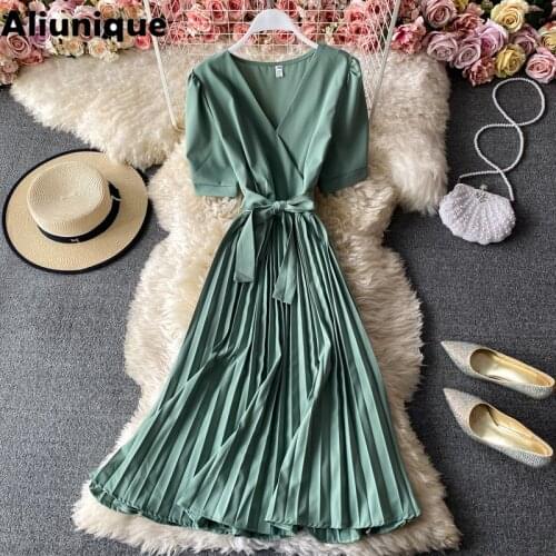 New Sexy V-neck Pleated lacing Long Dress for Women 2021 Summer Fashion Design Leisure Temperament Vacation High Waist Dress