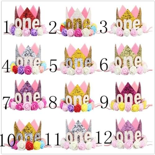 10PCS/Lots Wholesale Baby Girl 1st Birthday Party Cake Hat Princess Tiara Crown Sparkle Hats with Artificial Rose Flower
