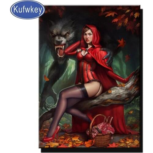 Red Woman And Wolf diamond painting Full Square/Round drill 5d diamond embroidery Animal Darkness Girl 3d cross stitch,Top Gift