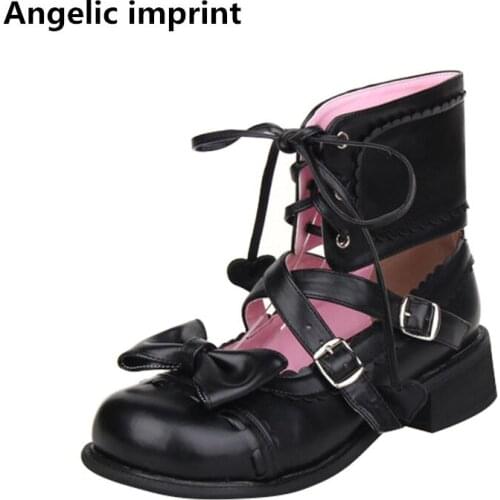 Angelic imprint woman mori girl lolita cosplay shoes lady low heels pumps women princess student dress party shoes lace up 2.5cm