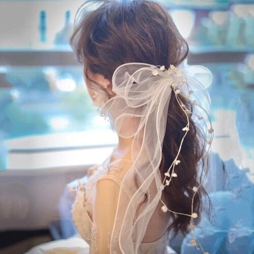 White Mesh Net Yarn Bride Wedding Headdress Hand Silk Yarn White Flowers Bow Barrettes Wave Hairpin Beautiful Hair Decoration