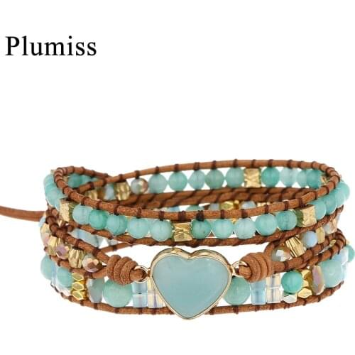 Heart Amazonite Bracelet Natural Stone Leather Wrap Bracelets Gemstones Healing Balance Meditation Spiritual Jewelry for Women