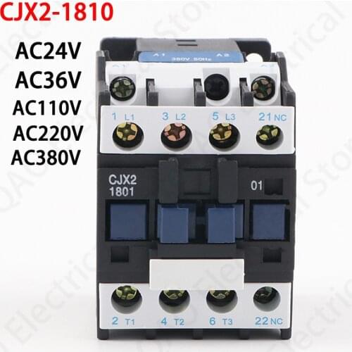 CJX2-1810 LC1 AC Contactor 18A 3 Phase 3-Pole NO Coil Voltage 380V 220V 110V 36V 24V 50/60Hz Din Rail Mounted 3P+1NO Normal Open