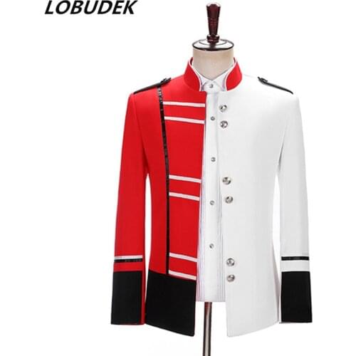 Mens Singer Stage Court Military Uniform European Red White Splicing Stand Collar Blazers Bar Evening Party Host Slim Fit Coat
