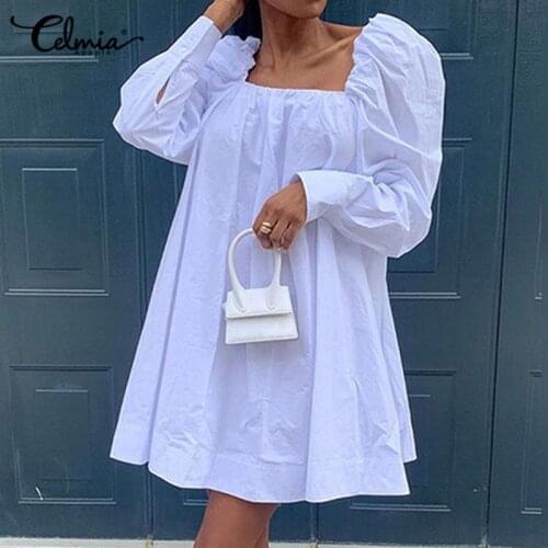 Celmia Elegant Dress Women Fashion Puff Sleeve Square Collar Casual Solid Sexy Mini Sundress 2021 Spring Ladies Party Vestidos 7