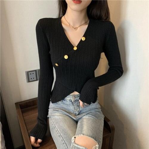Elegant Design Autumn Slim Cross V Neck Long Sleeve Womens Knitwear with Button Design