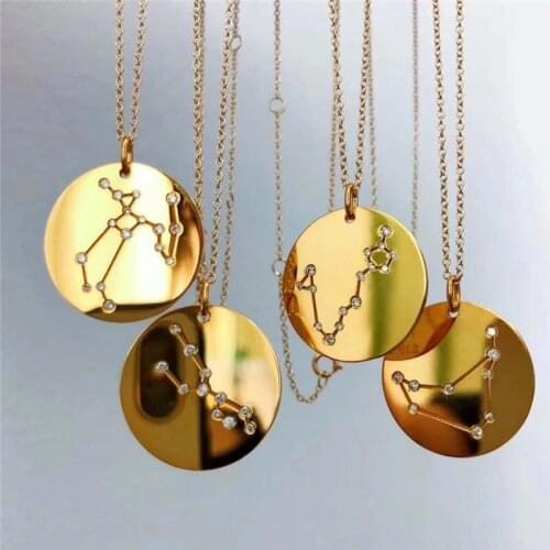 Horoscope Astrology Zodiac Statement Necklace For Women Gothic Jewelry Gold 12 Constellations Necklace Round Charm Choker Gift