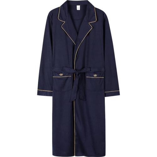 Spring Autumn Knitted Cotton Bathrobe Men Sleep Lounge Kimono Bath Robes masculino Dressing Gown Navy Blue Sleepwear Men Fashion