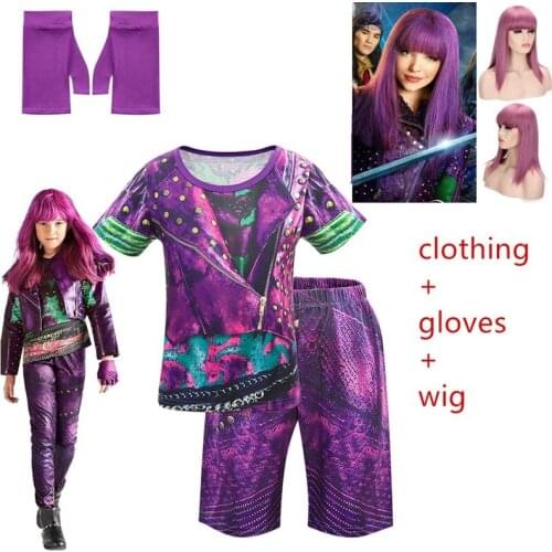 Descendants 3 Mal Bertha Maleficent Long Live Evil Straight Purple kids Cosplay Wig+tops+pants suits halloween costume for kids