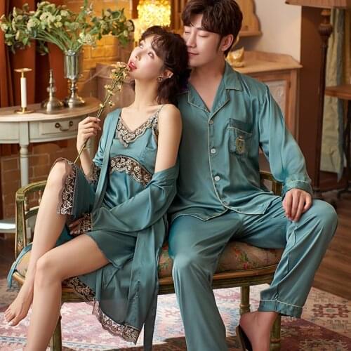 Summer Casual Couples Ice Silk Men Pajamas Women Robe Sets V Neck Home Service Suit Sleepwear Nightwear