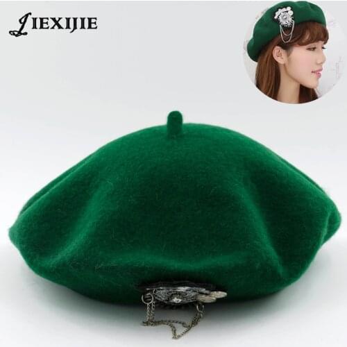 Jiexijie hot 100% wool Beret Female Winter Hats VIVI models riveted wool berets ladies painter hat rivet round cap for womens