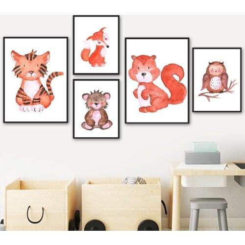 Fox Tiger Squirrel Bear Raccoon Sika Deer Owl Wall Art Canvas Painting Nordic Posters And Prints Wall Pictures Kids Room Decor