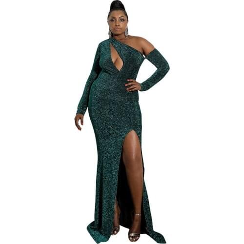 African Dresses For Women Golden Green Split V-Neck Sexy Party Dress Long Tunic Night Club Long Sleeve Long Maxi Dresses