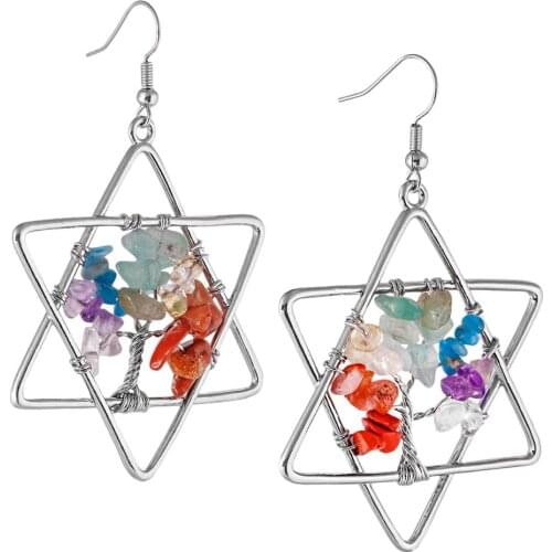 TUMBEELLUWA Charm Six-pointed Star Tree of Life Ear Drop Natural Chip Stone Bead Dangle Earrings,Reiki Healing Jewelry for Women