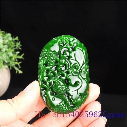 Green Jade Lotus Pendant Carp Carved Amulet Necklace Natural Fish Charm Women Chinese Jewelry Gifts Fashion Double-sided
