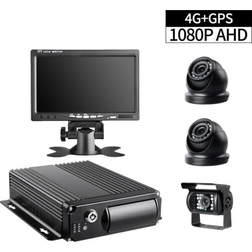 Professional Car Video Recorder 4CH 1080P AHD Mobile DVR with 2.0MP Mini Dome Rear Camera 7inch Monitor for Truck Remote Monitor