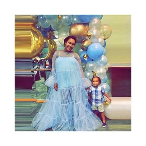 Sexy Sky Blue See Thru A-line Long Prom Gowns Dress With Puffy Full Sleeves Pleated Prom Gowns Party Dresses Pregnant Shoot